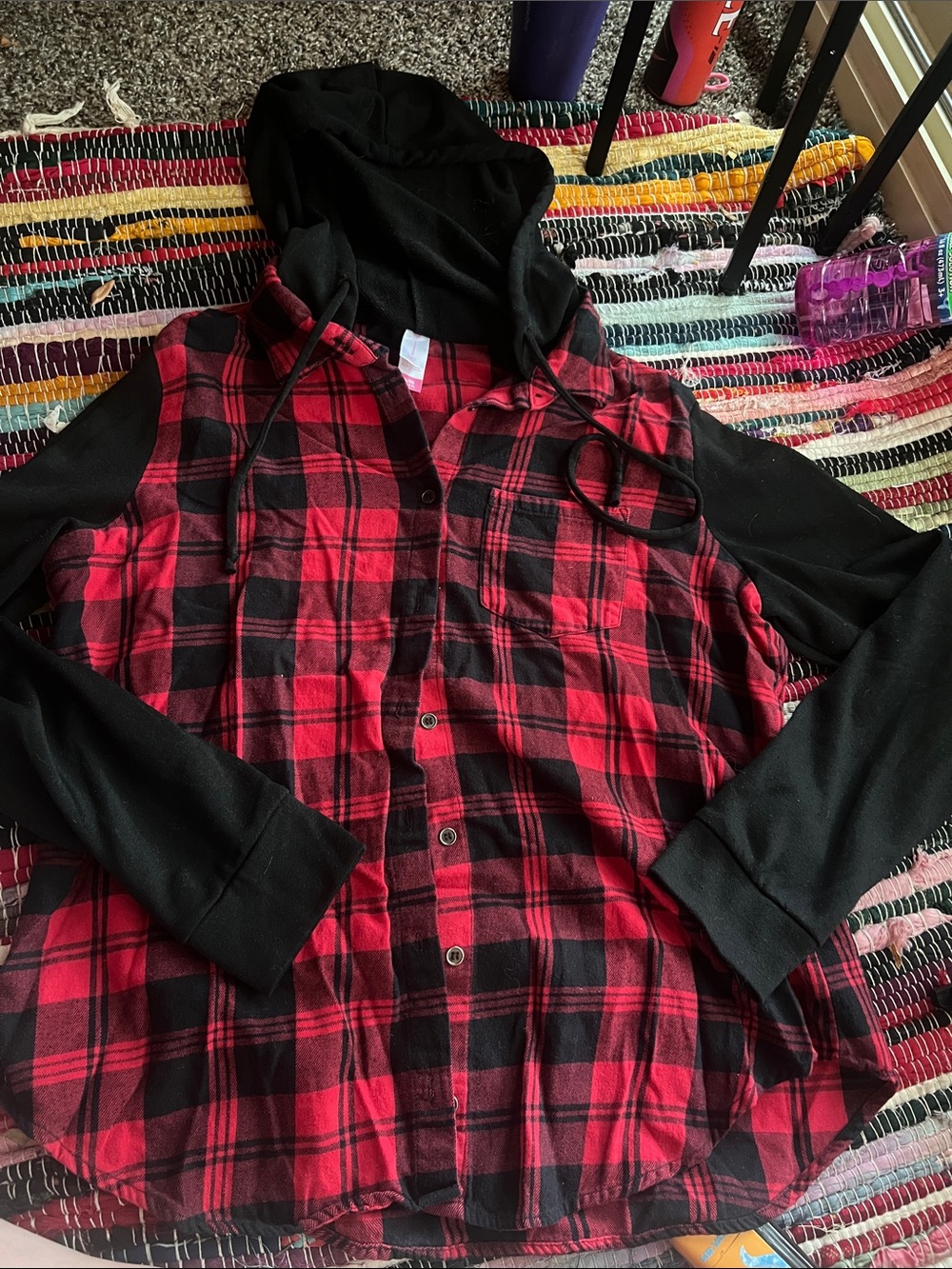 No Boundaries Red and Black Plaid Hooded Button-Down Top